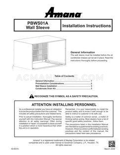 Amana PBAGK01TB Wall Sleeve Installation Manual