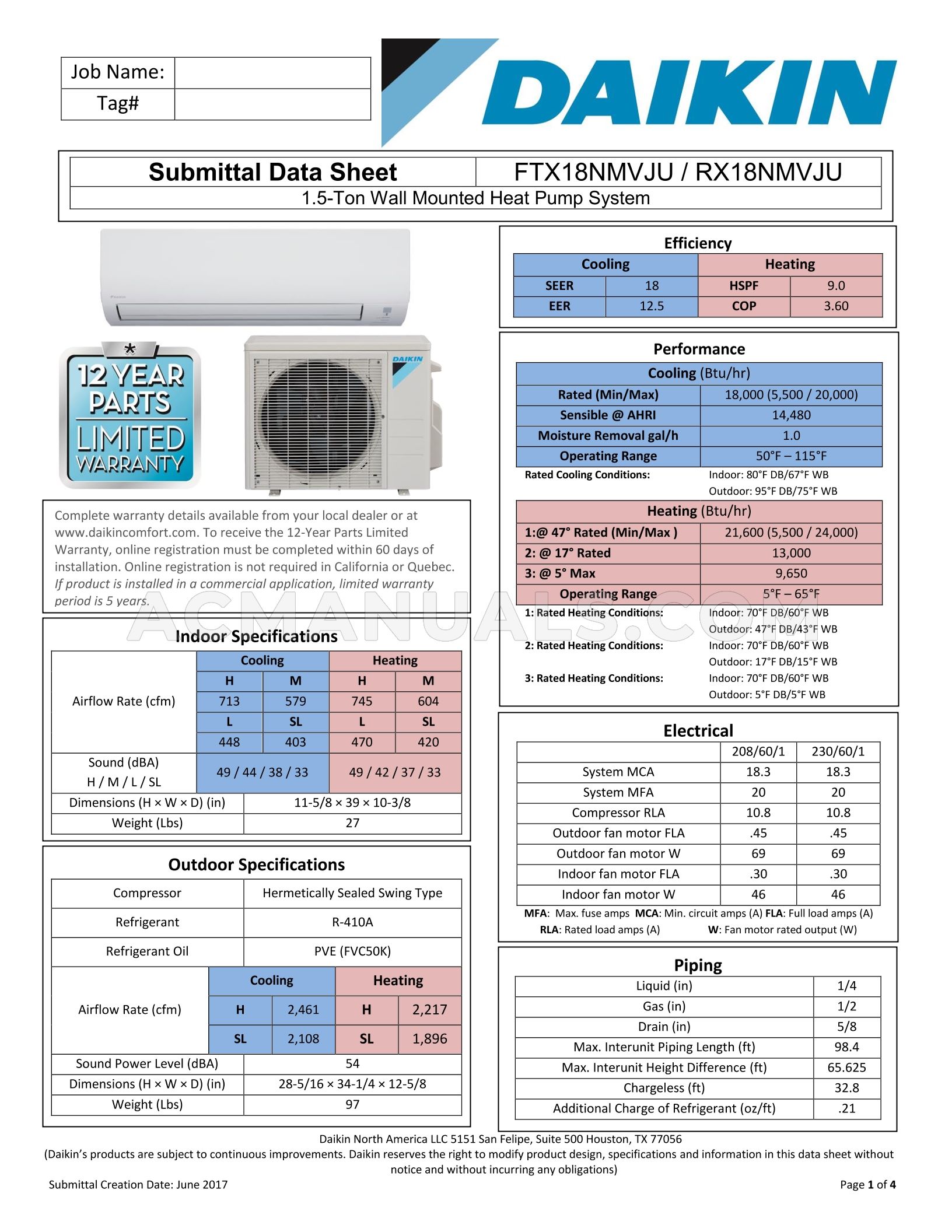 Daikin FTX18NMVJU Spec Sheet
