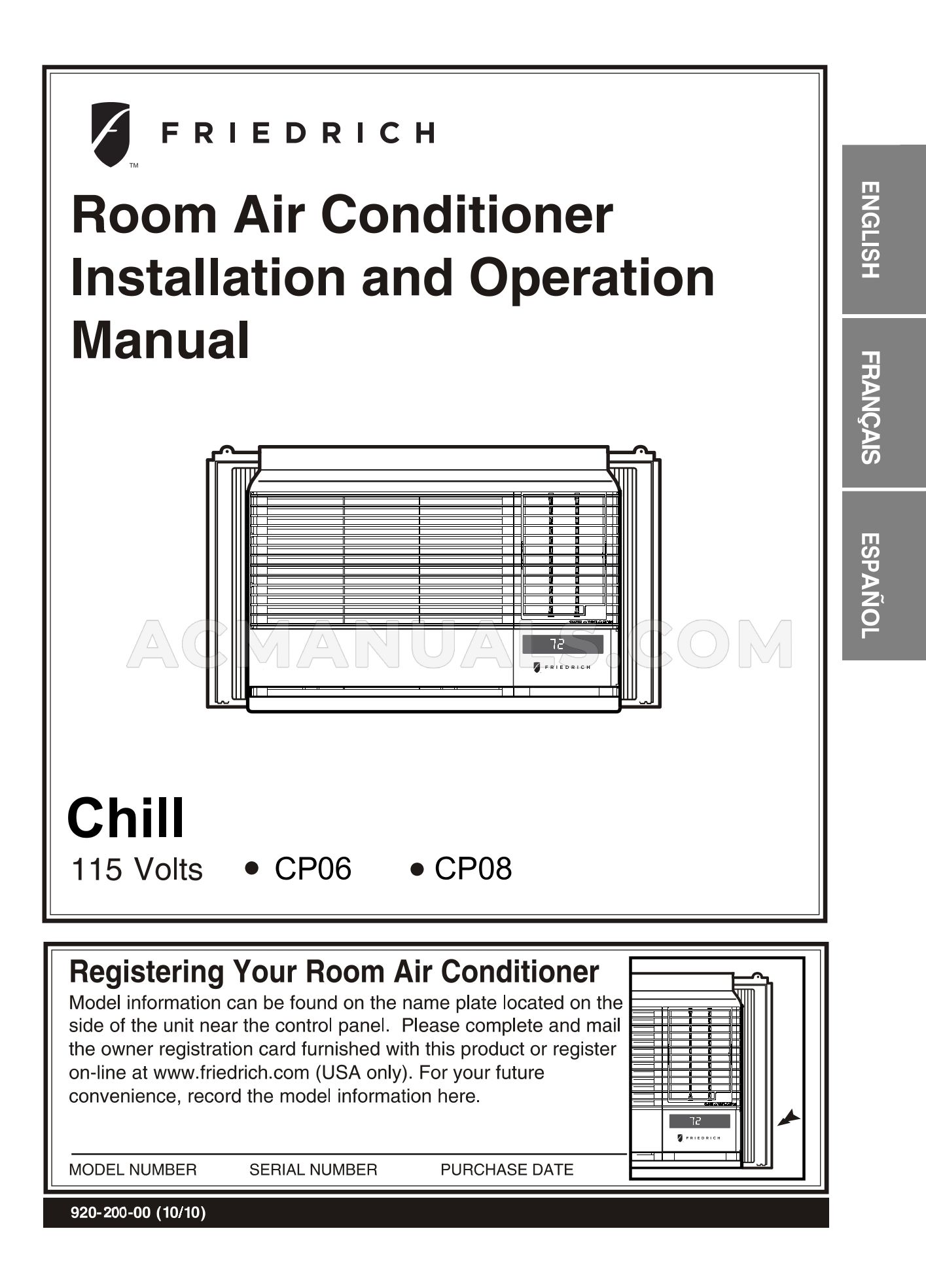 Friedrich CP08G10B Chill Installation and Operation Manual