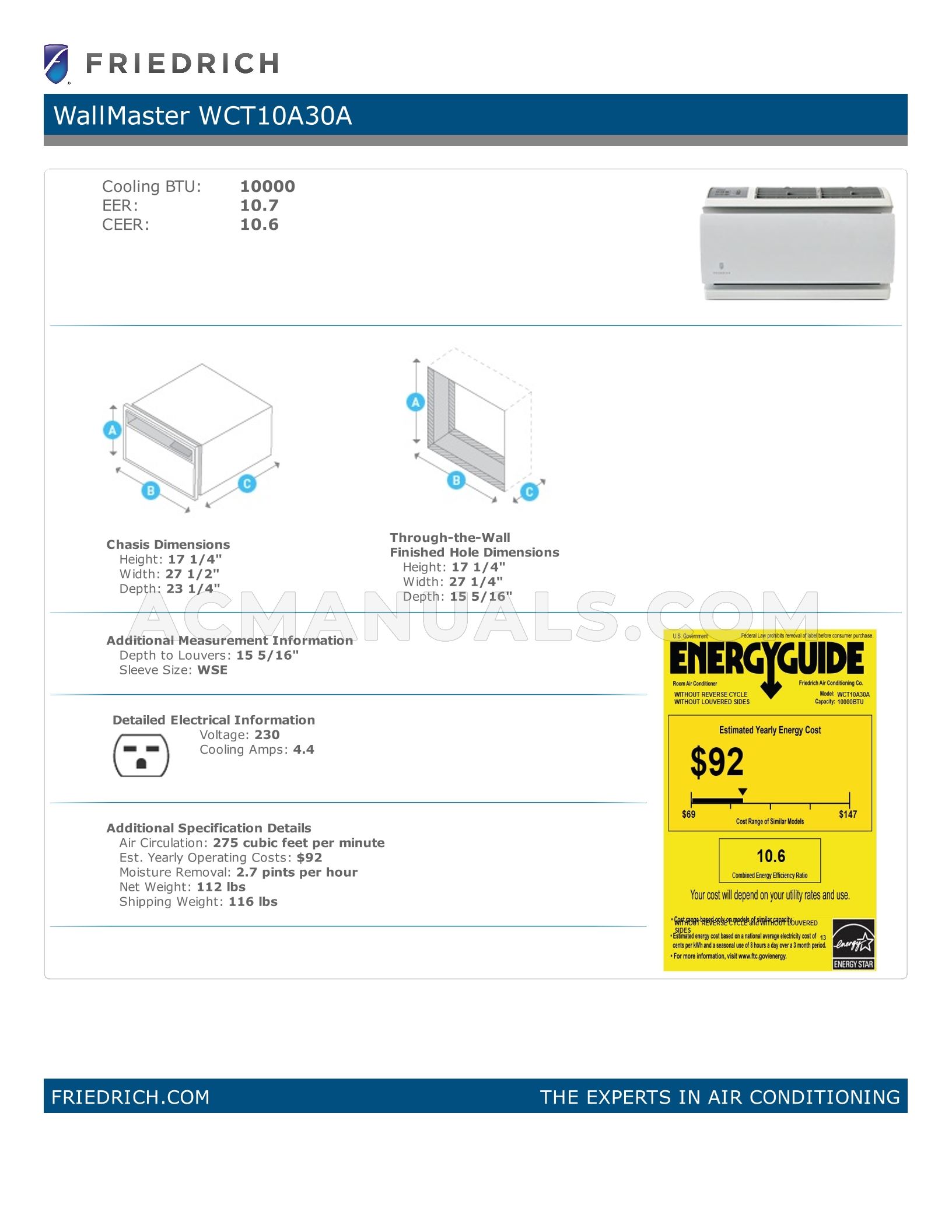 Friedrich WCT10A30A WallMaster Specification Sheets