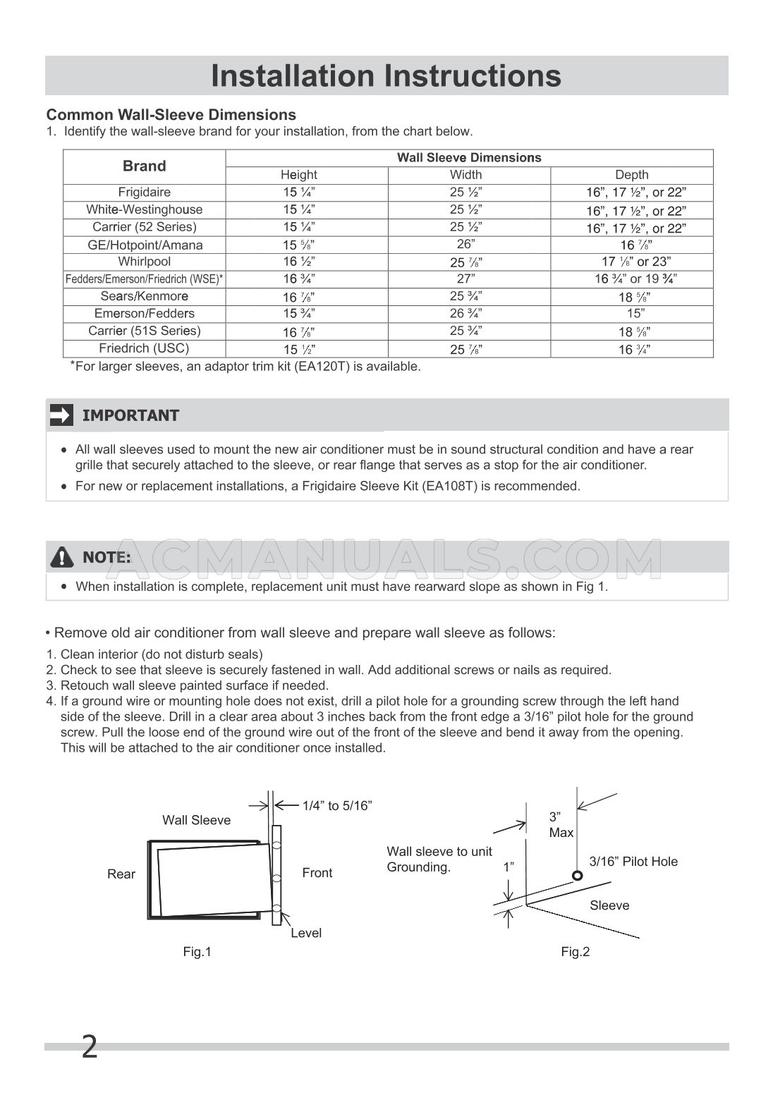 Frigidaire FFTA0833U1 Installation Instructions