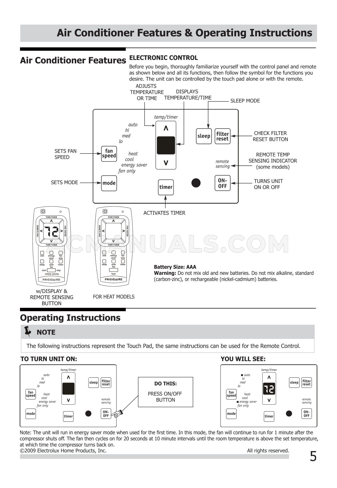Frigidaire FFTA103WA1 User and Care Guide