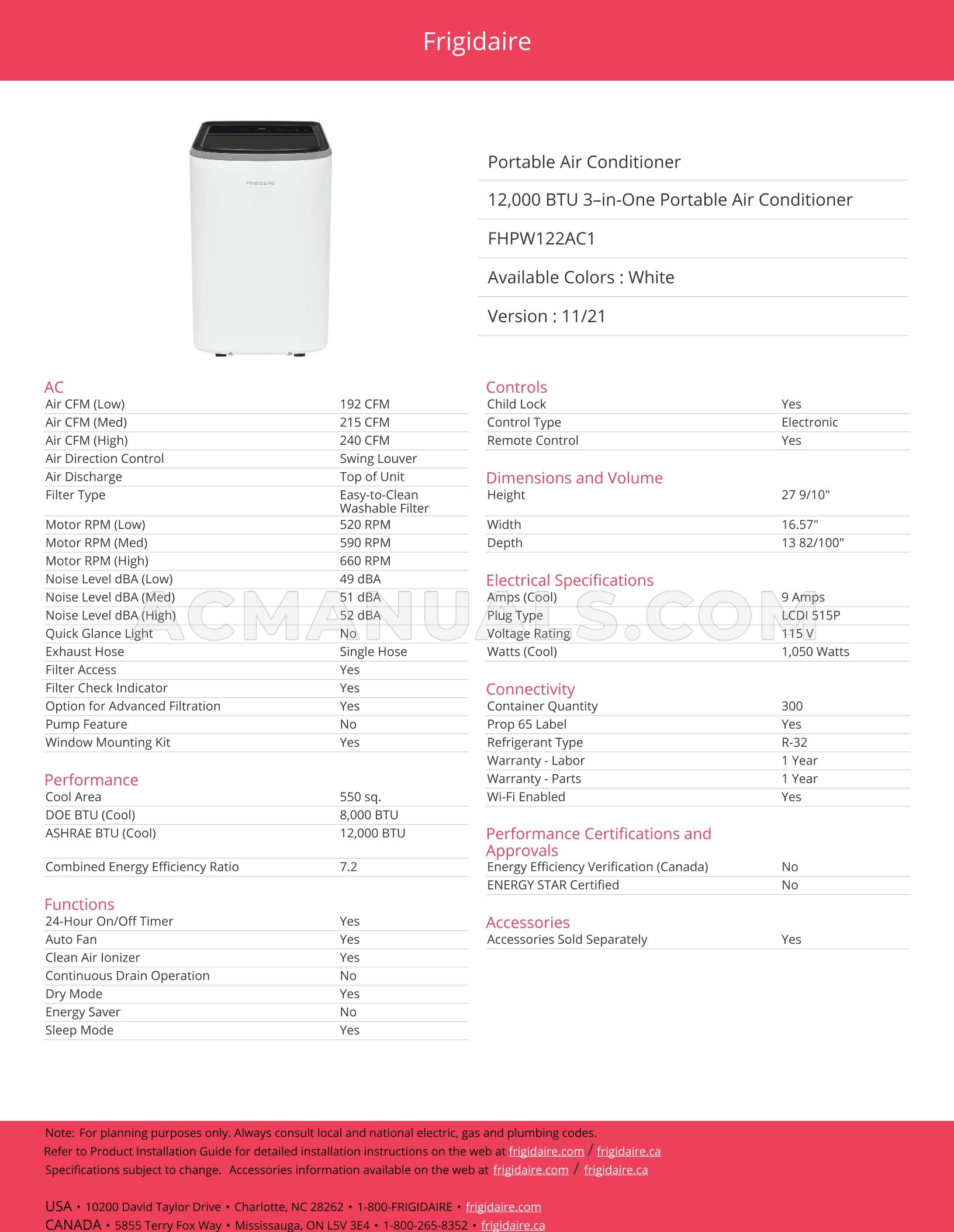 Frigidaire FHPW122AC1 Spec Sheet
