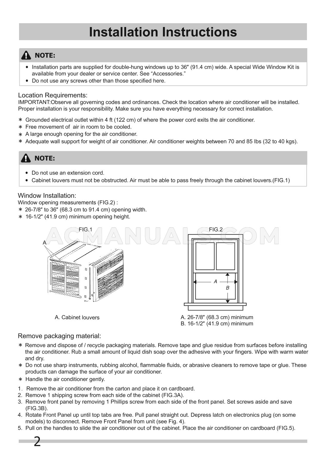 Frigidaire FHWH082WA1 Installation Instructions