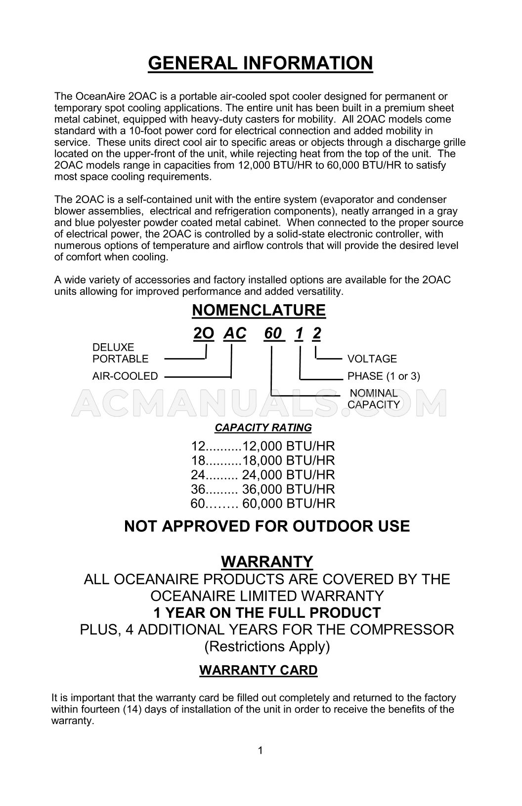 OceanAire 2OAC6012 Owners Manual
